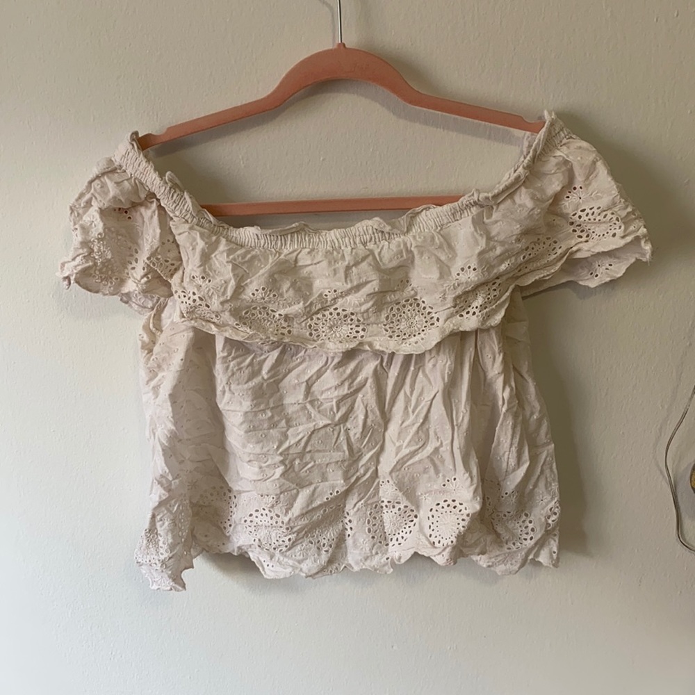 White crochet off the shoulder top